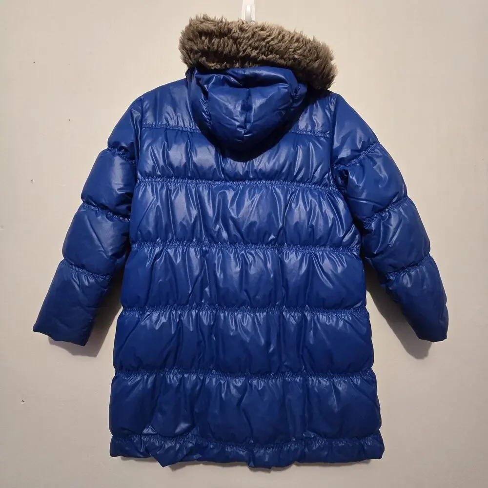 Hanna Andersson Down Long‎ Hooded Coat Girls Sz 140 9-10 Blue Fauz Fur Edge Warm